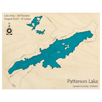 Bathymetric topo map of Patterson Lake, ON with roads, towns and depths noted in blue water.