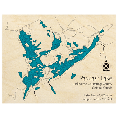 Bathymetric topo map of Paudash Lake, ON with roads, towns and depths noted in blue water.