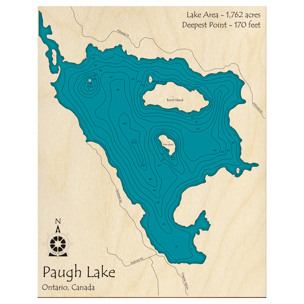 Bathymetric topo map of Paugh Lake, ON with roads, towns and depths noted in blue water.