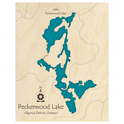 Bathymetric topo map of Peckerwood Lake, ON with roads, towns and depths noted in blue water.