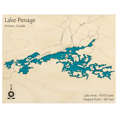 Bathymetric topo map of Penage Lake, ON with roads, towns and depths noted in blue water.