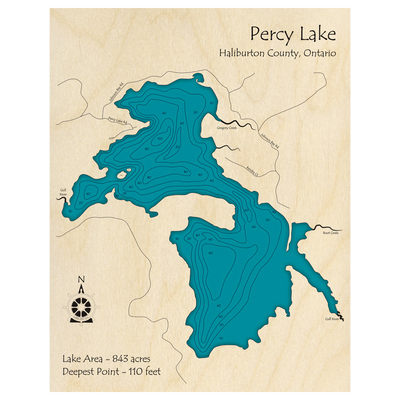 Bathymetric topo map of Percy Lake, ON with roads, towns and depths noted in blue water.