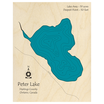 Bathymetric topo map of Peter Lake, ON with roads, towns and depths noted in blue water.