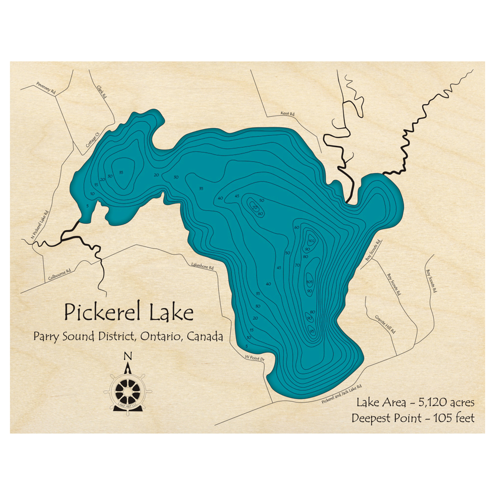 Bathymetric topo map of Pickerel Lake, ON with roads, towns and depths noted in blue water.