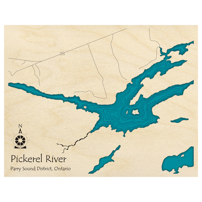 Bathymetric topo map of Pickerel River, ON with roads, towns and depths noted in blue water.