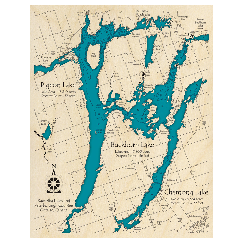 Bathymetric topo map of Pigeon Lake with Buckhorn and Chemong, ON with roads, towns and depths noted in blue water.