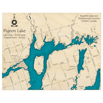 Bathymetric topo map of Pigeon Lake, ON with roads, towns and depths noted in blue water.