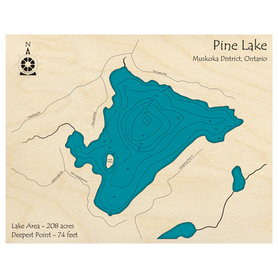 Bathymetric topo map of Pine Lake, ON with roads, towns and depths noted in blue water.