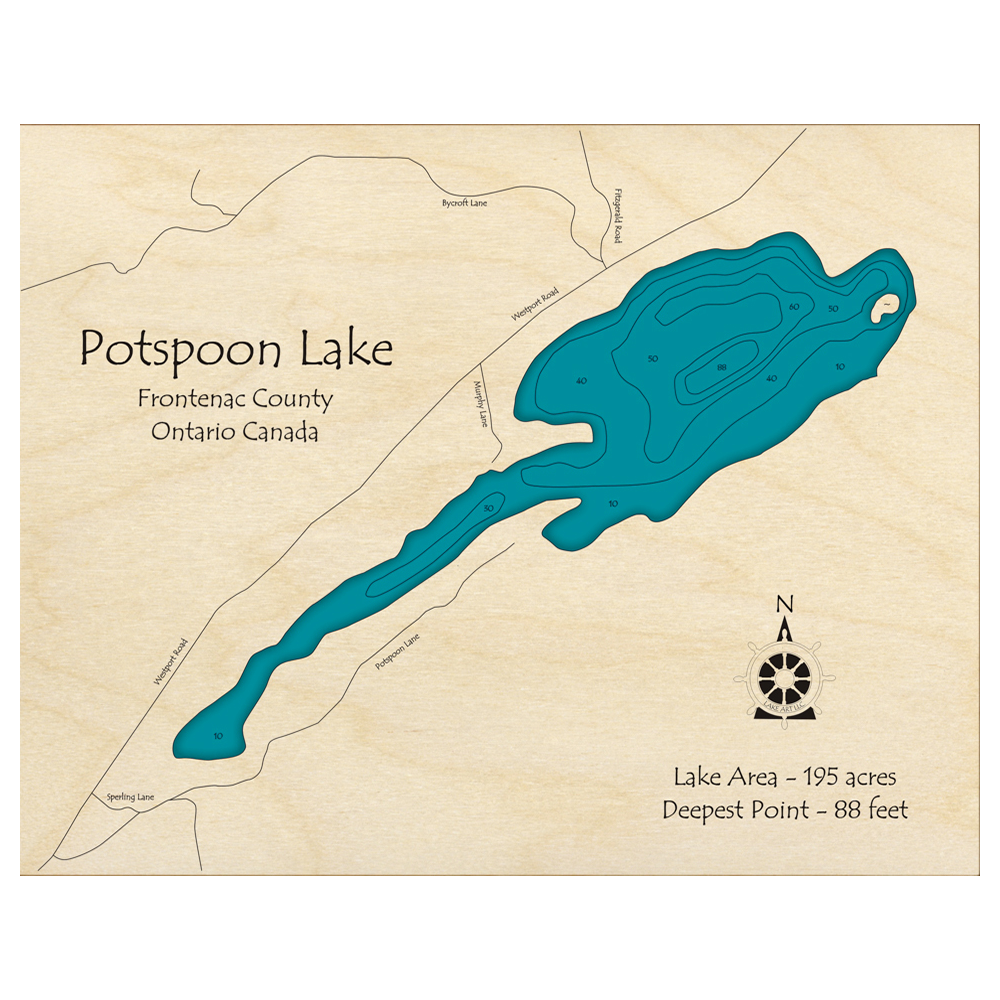 Bathymetric topo map of Potspoon Lake, ON with roads, towns and depths noted in blue water.