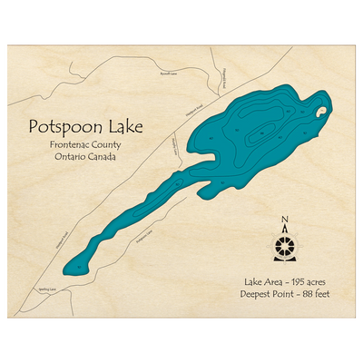 Bathymetric topo map of Potspoon Lake, ON with roads, towns and depths noted in blue water.