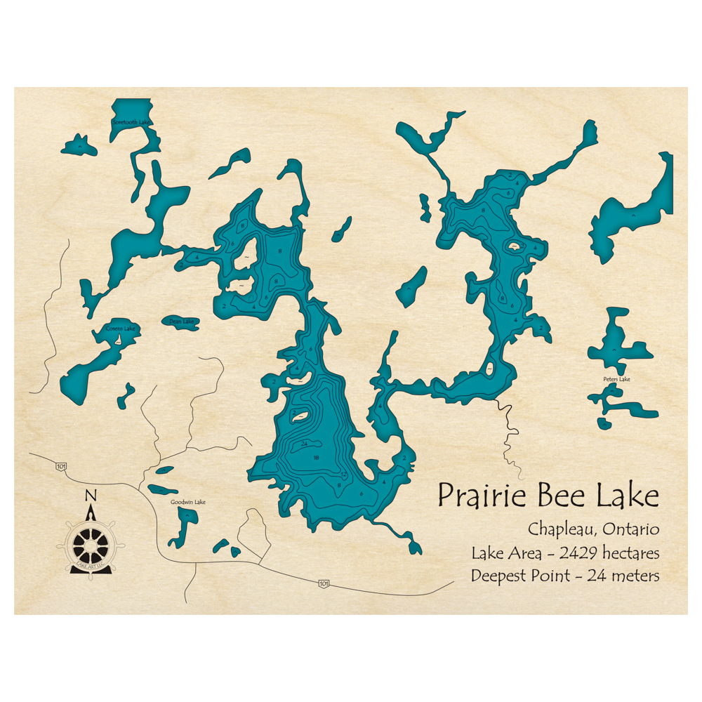 Bathymetric topo map of Prairie Bee Lake, ON with roads, towns and depths noted in blue water.