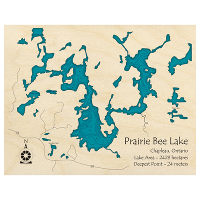Bathymetric topo map of Prairie Bee Lake, ON with roads, towns and depths noted in blue water.
