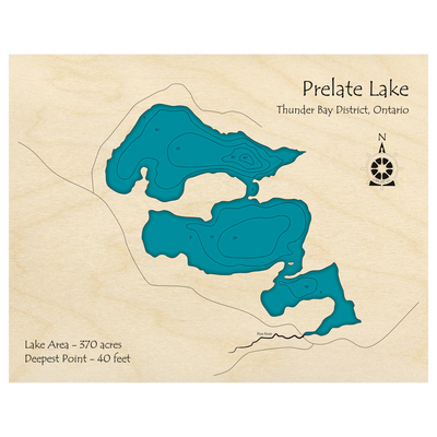 Bathymetric topo map of Prelate Lake, ON with roads, towns and depths noted in blue water.