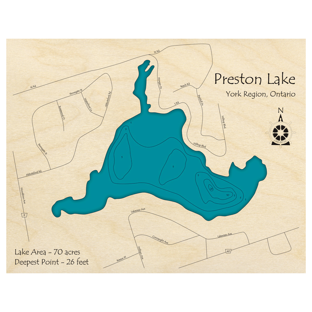 Bathymetric topo map of Preston Lake, ON with roads, towns and depths noted in blue water.