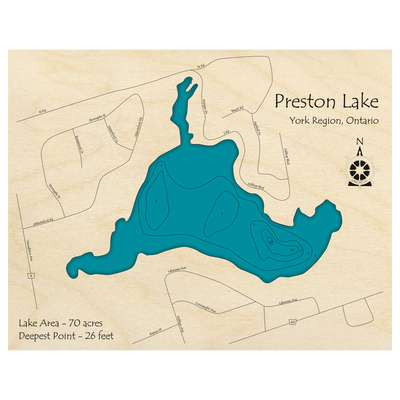 Bathymetric topo map of Preston Lake, ON with roads, towns and depths noted in blue water.