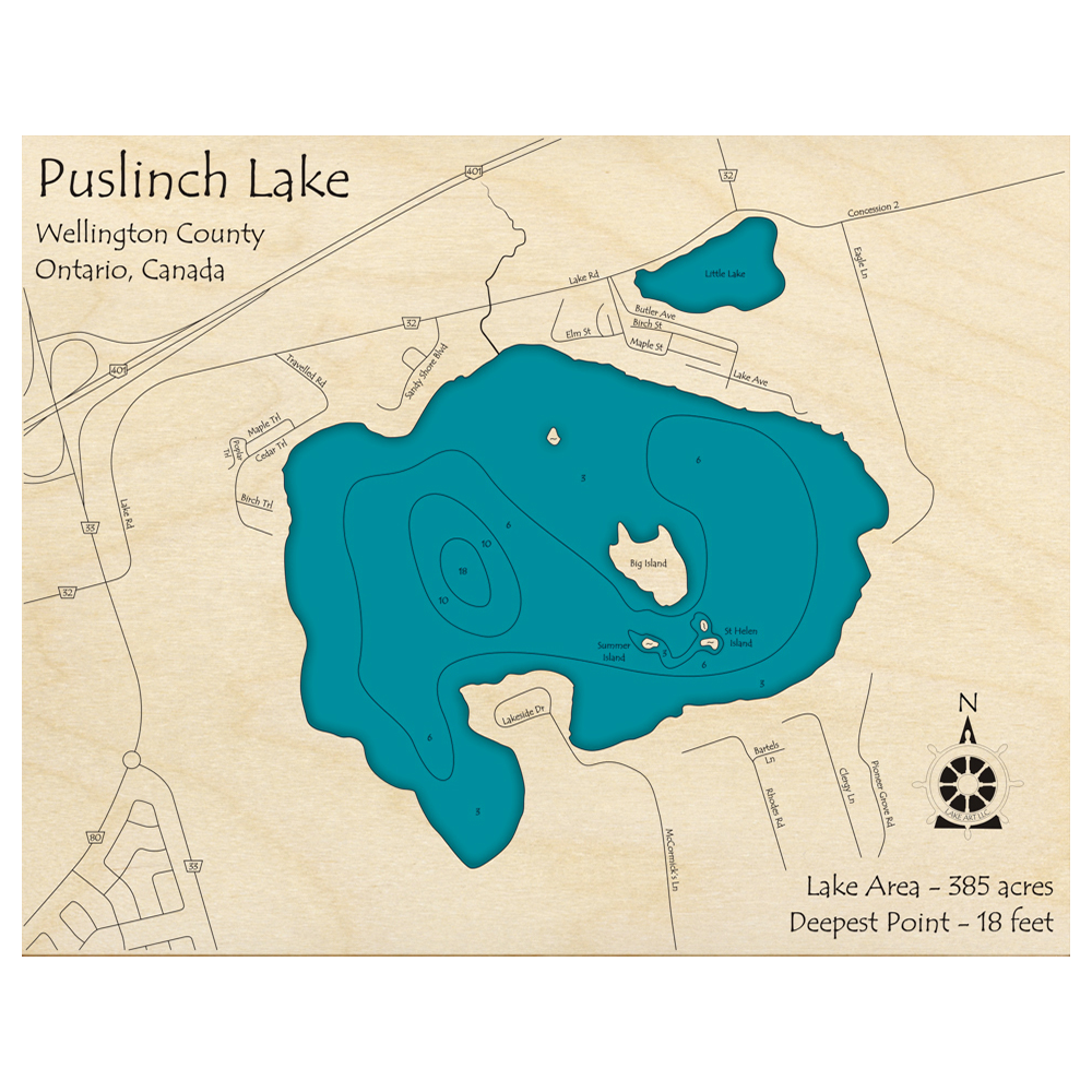 Bathymetric topo map of Puslinch Lake, ON with roads, towns and depths noted in blue water.