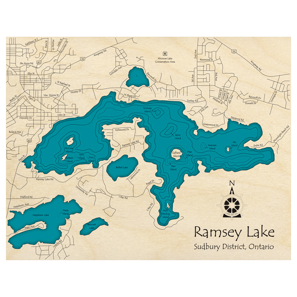 Bathymetric topo map of Ramsey Lake, ON with roads, towns and depths noted in blue water.