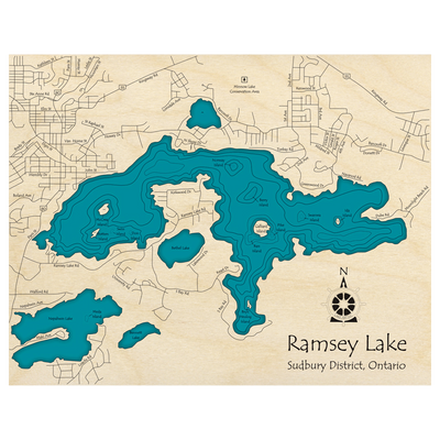 Bathymetric topo map of Ramsey Lake, ON with roads, towns and depths noted in blue water.