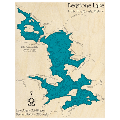 Bathymetric topo map of Redstone Lake, ON with roads, towns and depths noted in blue water.