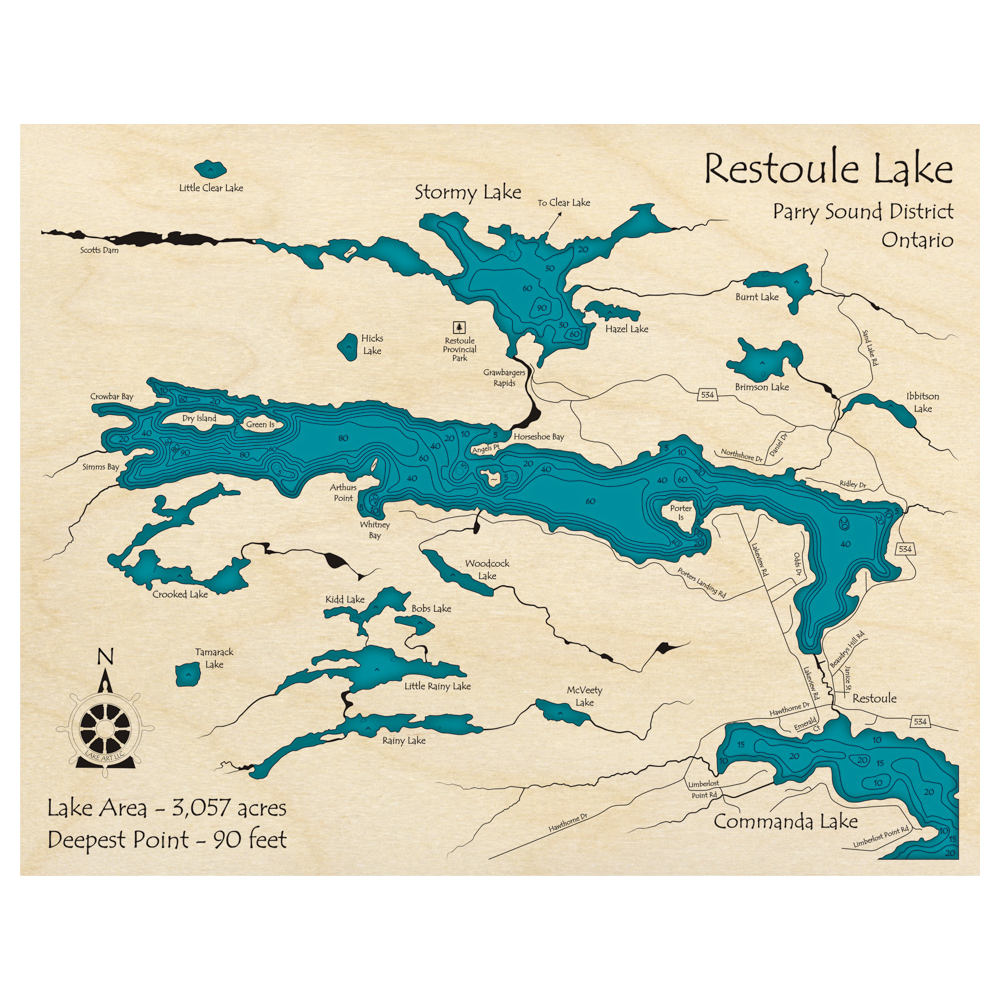 Restoule Rear View Restoule Lake, Ontario 3D Custom Wood Map – Lake Art LLC