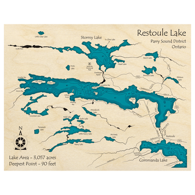 Bathymetric topo map of Restoule Lake, ON with roads, towns and depths noted in blue water.