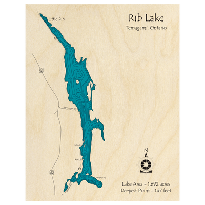 Bathymetric topo map of Rib Lake, ON with roads, towns and depths noted in blue water.