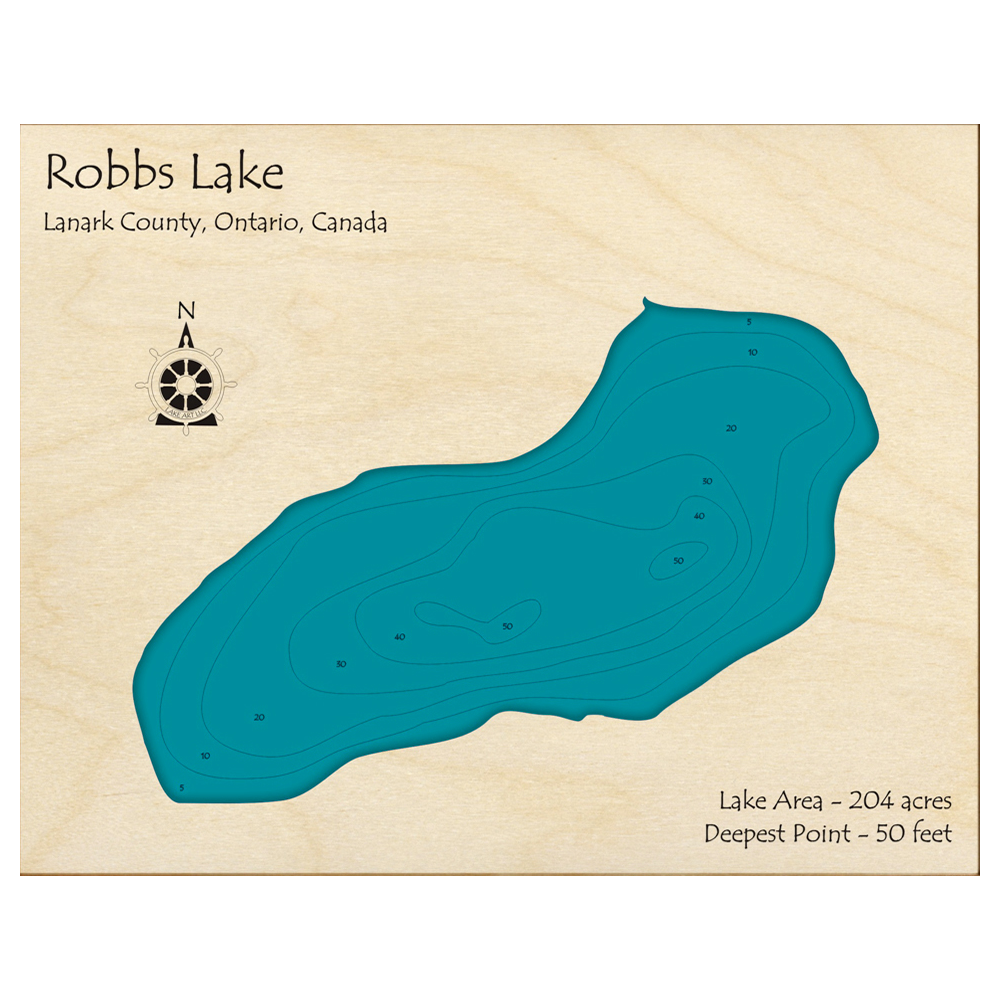 Bathymetric topo map of Robbs Lake, ON with roads, towns and depths noted in blue water.