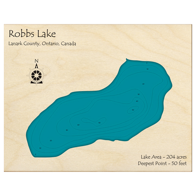 Bathymetric topo map of Robbs Lake, ON with roads, towns and depths noted in blue water.