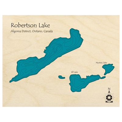 Bathymetric topo map of Robertson Lake, ON with roads, towns and depths noted in blue water.