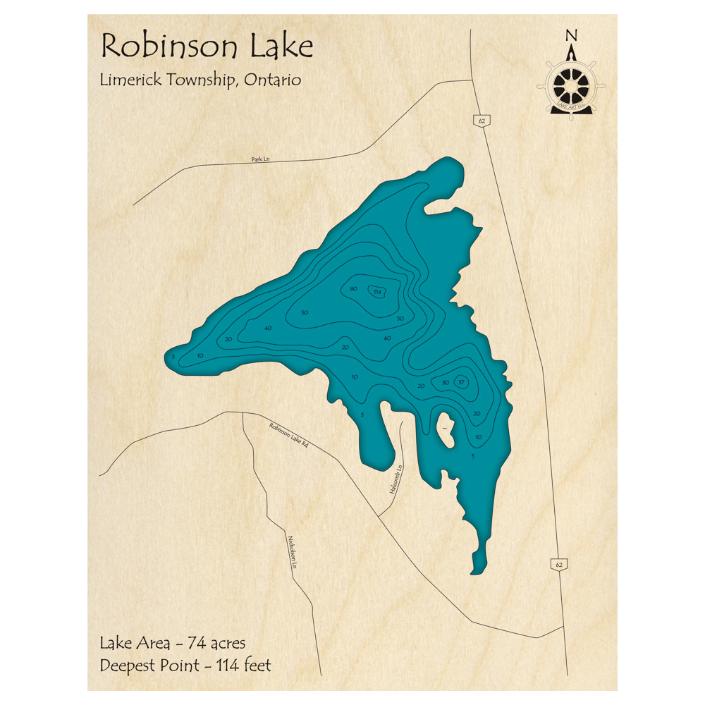 Bathymetric topo map of Robinson Lake, ON with roads, towns and depths noted in blue water.
