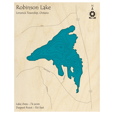 Bathymetric topo map of Robinson Lake, ON with roads, towns and depths noted in blue water.