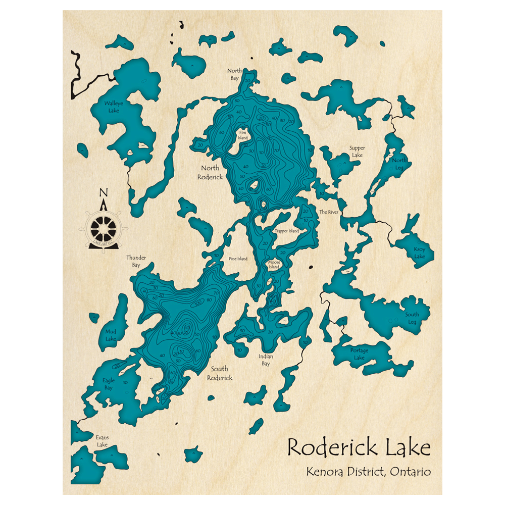 Bathymetric topo map of Roderick Lake, ON with roads, towns and depths noted in blue water.