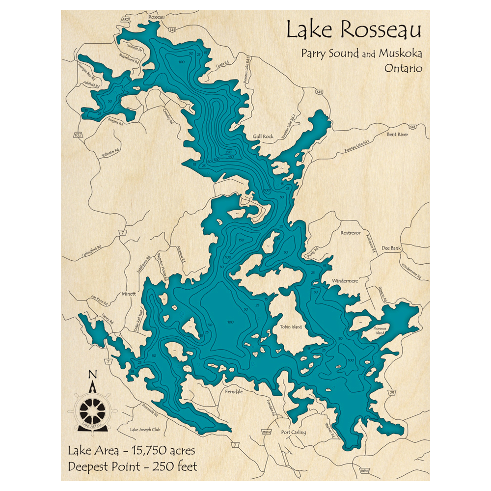 Lake Rosseau, Ontario 3D Custom Wood Map – Lake Art LLC