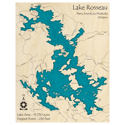 Bathymetric topo map of Lake Rosseau, ON with roads, towns and depths noted in blue water.