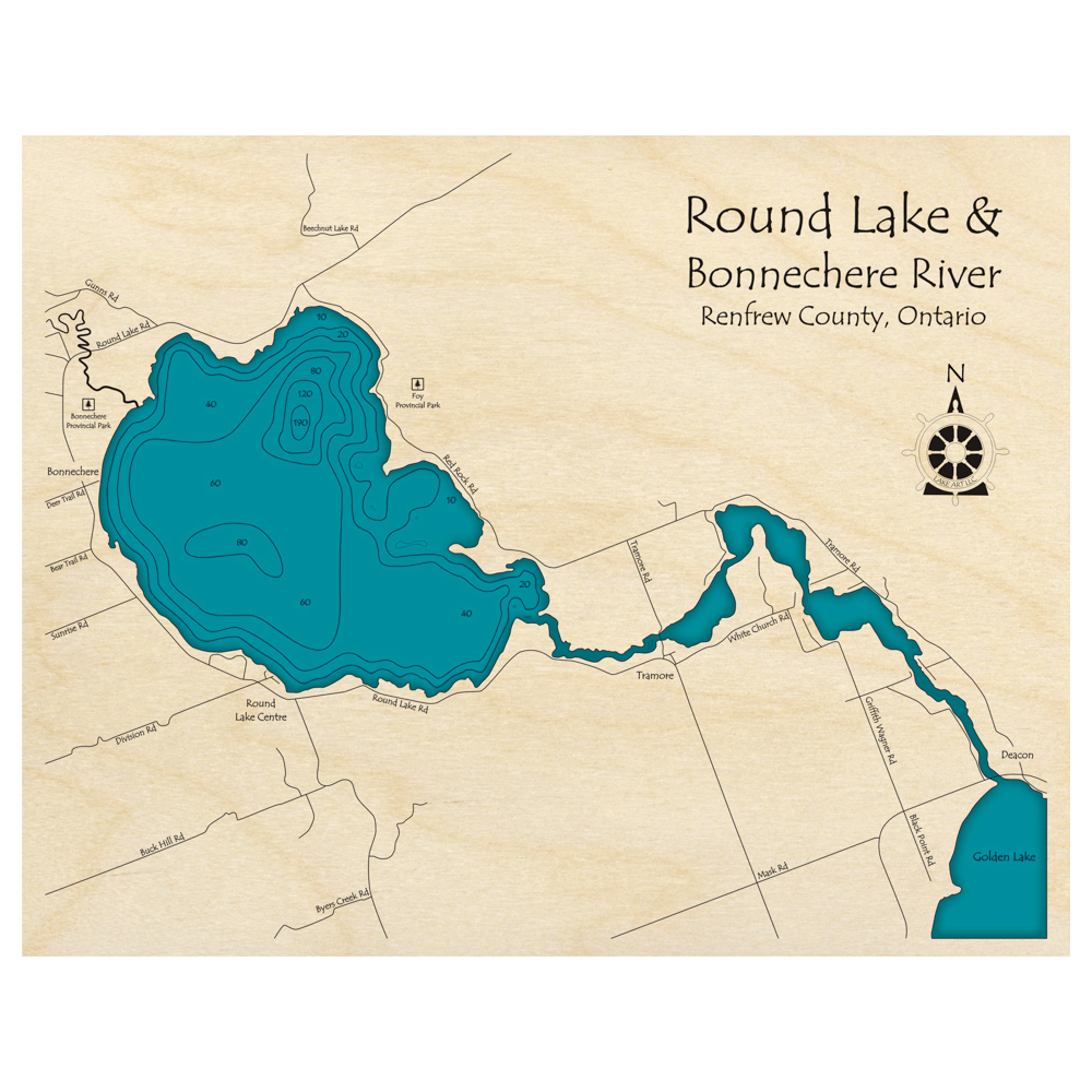 Bathymetric topo map of Round Lake, ON with roads, towns and depths noted in blue water.
