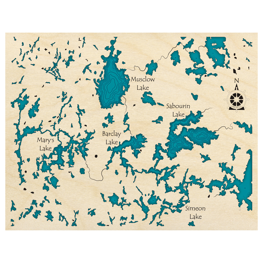 Bathymetric topo map of Sabourin Chain, ON with roads, towns and depths noted in blue water.