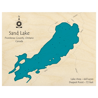 Bathymetric topo map of Sand Lake, ON with roads, towns and depths noted in blue water.