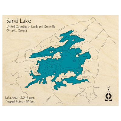 Bathymetric topo map of Sand Lake, ON with roads, towns and depths noted in blue water.