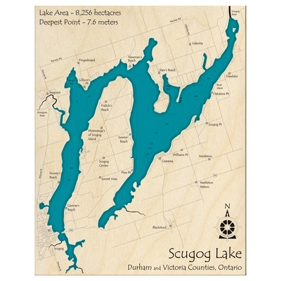 Bathymetric topo map of Scugog Lake, ON with roads, towns and depths noted in blue water.