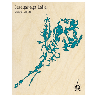 Bathymetric topo map of Seseganaga Lake, ON with roads, towns and depths noted in blue water.