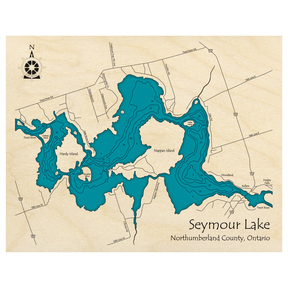 Bathymetric topo map of Seymour Lake, ON with roads, towns and depths noted in blue water.