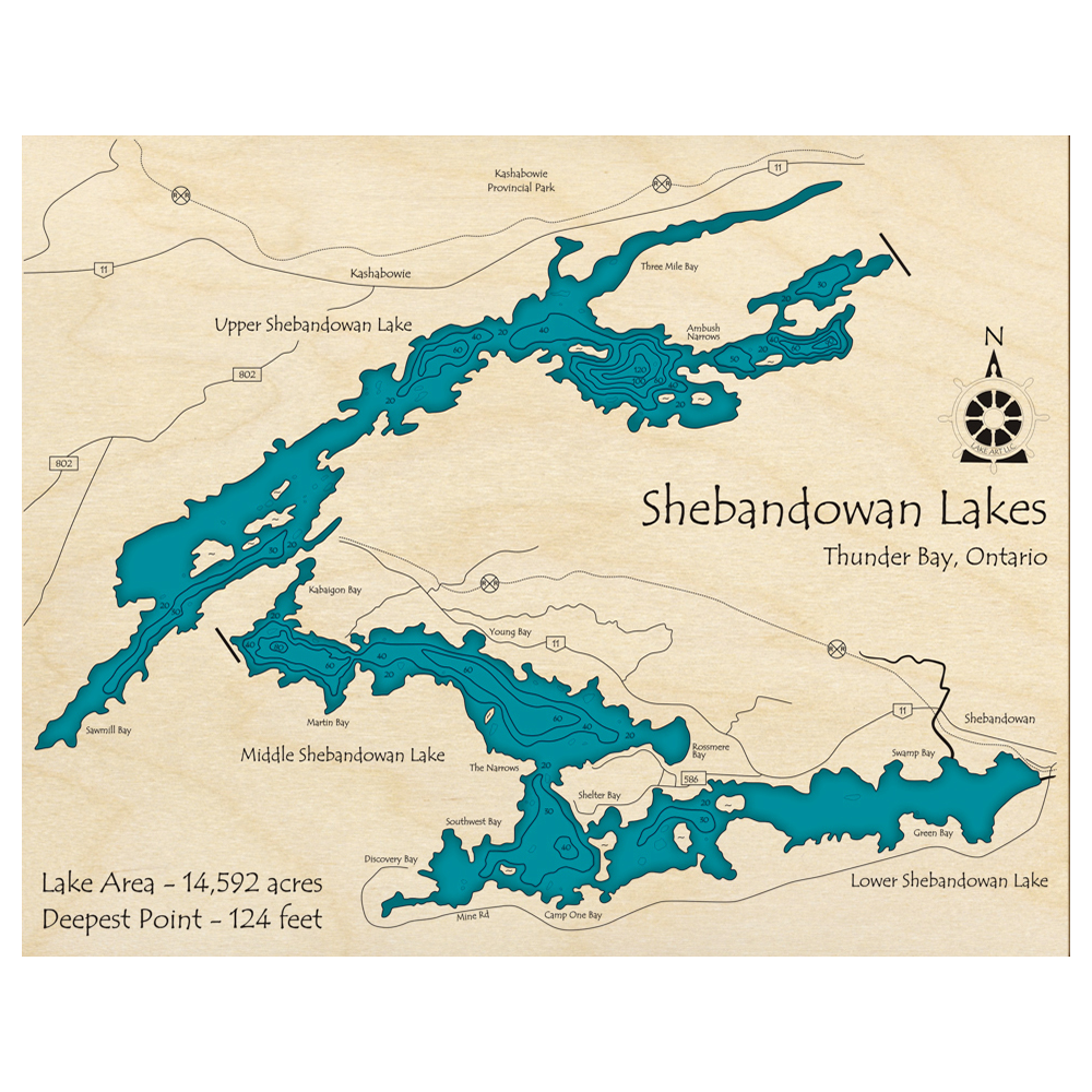 Bathymetric topo map of Shebandowan Lakes, ON with roads, towns and depths noted in blue water.