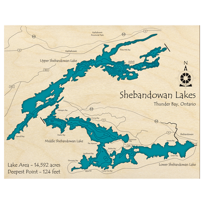 Bathymetric topo map of Shebandowan Lakes, ON with roads, towns and depths noted in blue water.