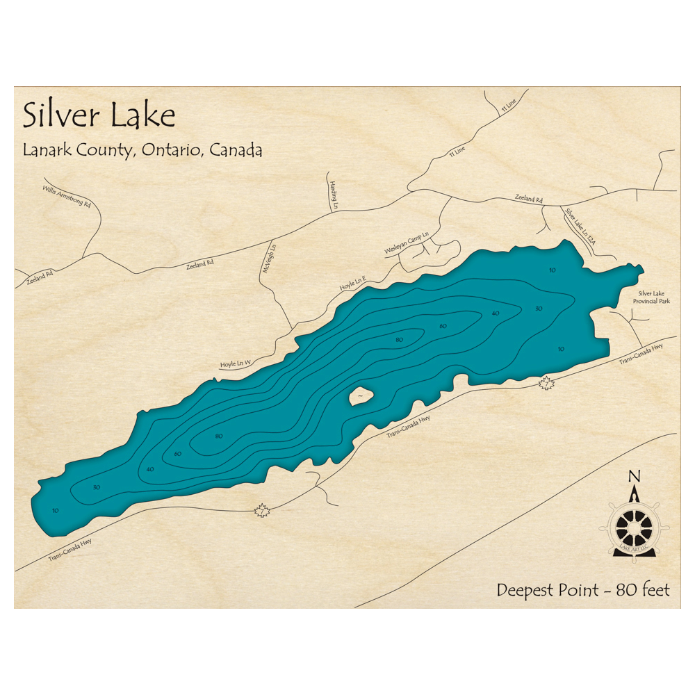 Bathymetric topo map of Silver Lake, ON with roads, towns and depths noted in blue water.