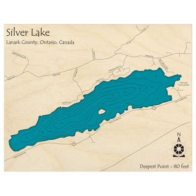 Bathymetric topo map of Silver Lake, ON with roads, towns and depths noted in blue water.