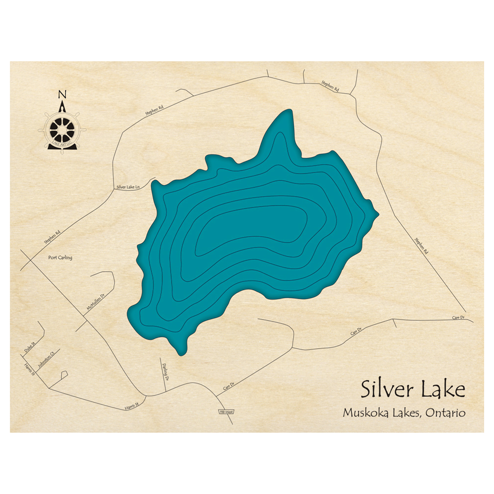 Bathymetric topo map of Silver Lake, ON with roads, towns and depths noted in blue water.