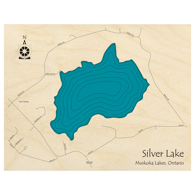Bathymetric topo map of Silver Lake, ON with roads, towns and depths noted in blue water.