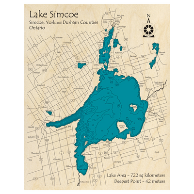 Bathymetric topo map of Lake Simcoe, ON with roads, towns and depths noted in blue water.