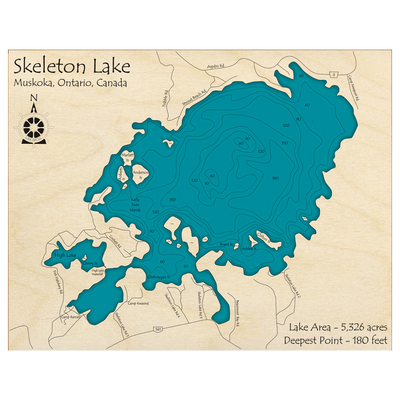 Bathymetric topo map of Skeleton Lake, ON with roads, towns and depths noted in blue water.