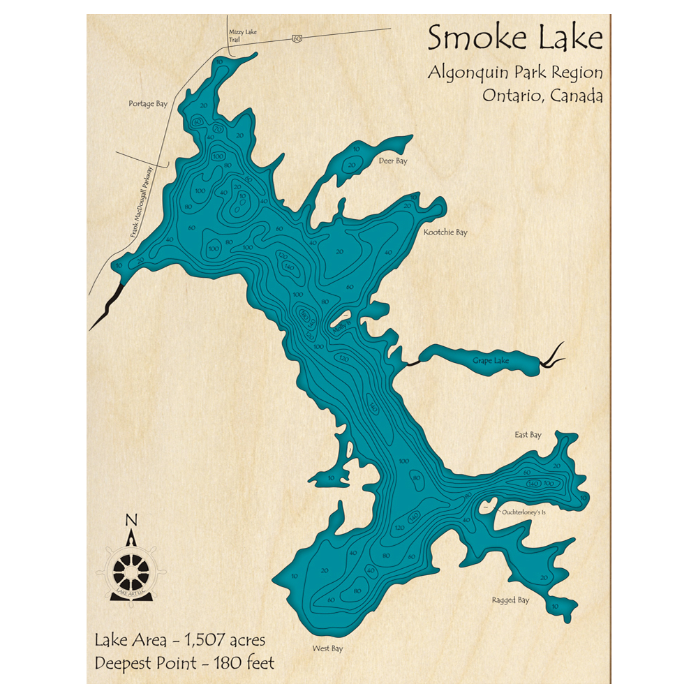 Bathymetric topo map of Smoke Lake, ON with roads, towns and depths noted in blue water.